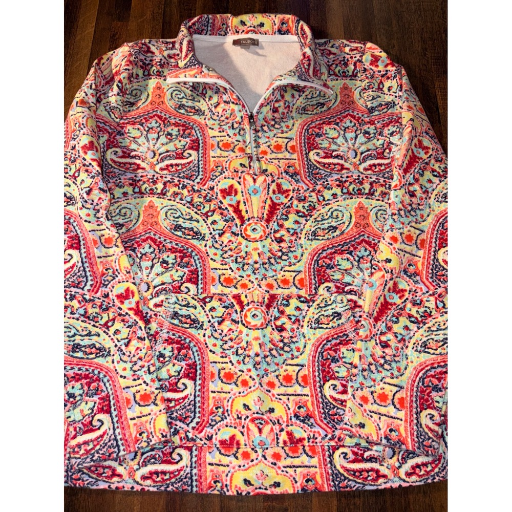 Talbots Womens M Paisley Quarter Zip Pullover Sweatshirt Multi Color Terry